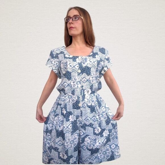 Vintage 80s Summer Print Romper White Blue Dress - Picture 3 of 6
